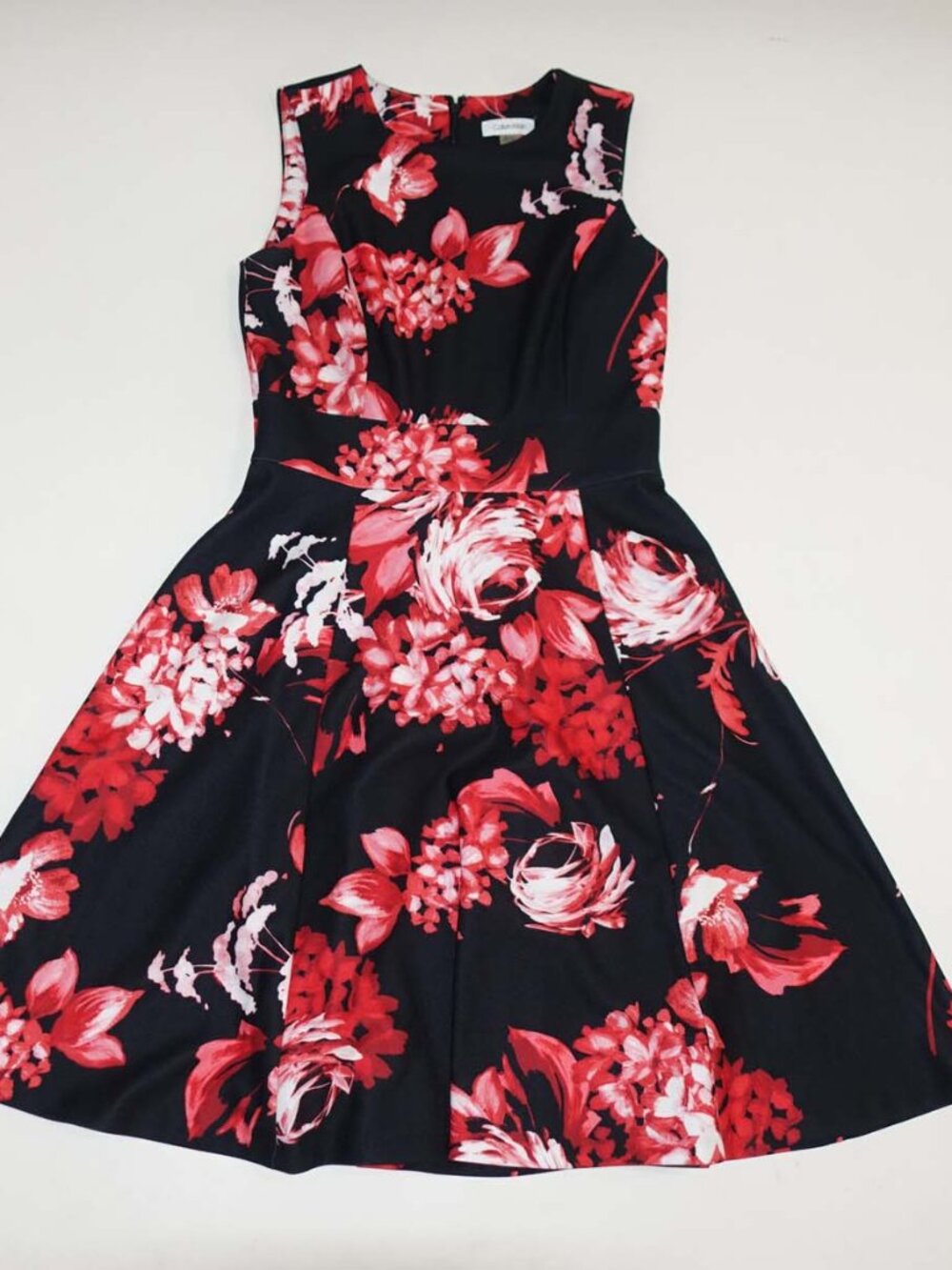 Calvin Klein Women's Sleeveless Fit & Flare Dress Size 6 Black Red Floral CK